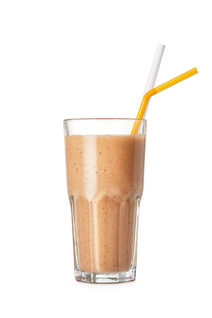 multi fruits smoothies in glass isolated on white backgroundの写真素材