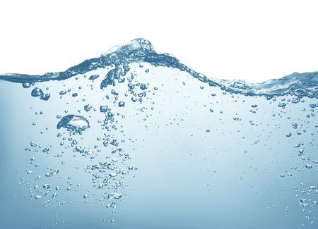 clean blue water with air bubbles and splashes on white backgroundの写真素材
