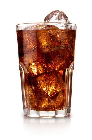 single glass of cola with ice cubes isolated on white backgroundの写真素材
