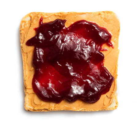 peanut butter with jelly sandwich isolated on white backgroundの写真素材