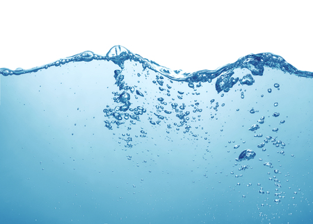 clean blue water with air bubbles and splashes on white backgroundの写真素材