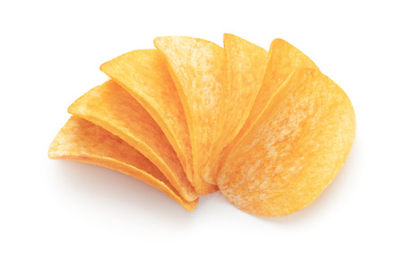heap of potato chips isolated on white backgroundの写真素材