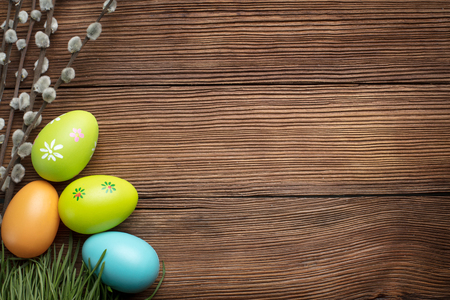 easter decoration on wooden background with copy spaceの写真素材
