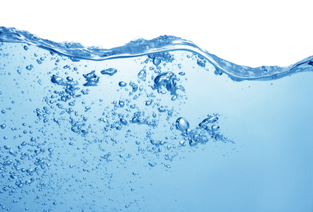 clean blue water with air bubbles and splashes on white backgroundの写真素材
