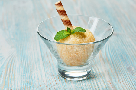 fresh delicious dessert in glass on tableの写真素材