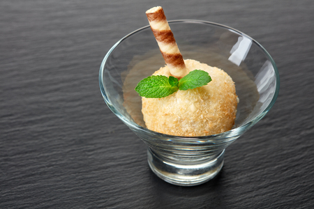fresh delicious dessert in glass on tableの写真素材