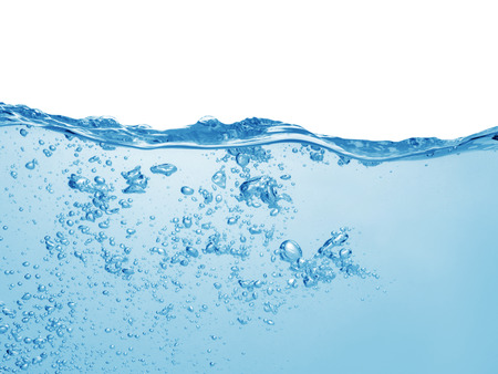 clean blue water with air bubbles and splashes on white backgroundの写真素材