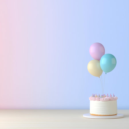Pastel birthday cake with balloons on wooden table. AI Generatedの素材