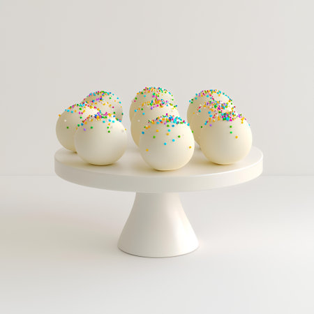 White cake pops on a stand, sprinkles, dessert, studio background, food photography. AI Generatedの素材