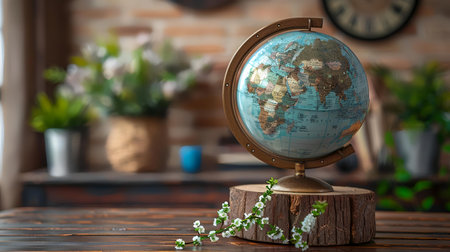 Globe on wooden stand, spring flowers, home interior. Travel planning, education concept. AI Generatedの素材