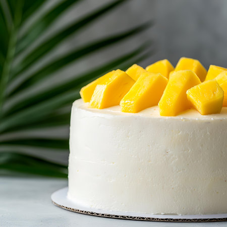 Mango cake dessert, delicious sweet treat, tropical leaf background, food photography, recipe website. AI Generatedの素材