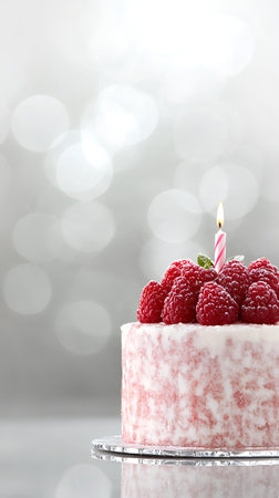 Delicious raspberry cake with candle, celebratory setting. AI Generatedの素材