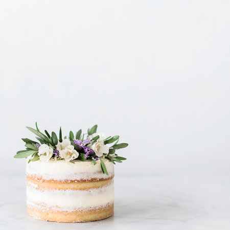 Simple floral cake on marble, white background. Food photography for blogs. AI Generatedの素材