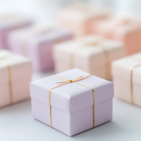 Pastel gift boxes, tied with gold ribbon, on a white background.  Perfect for gifting, celebrations, or blogs. AI Generatedの素材