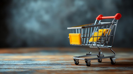 Mini shopping cart, wood table, dark background, online shopping concept. AI Generatedの素材