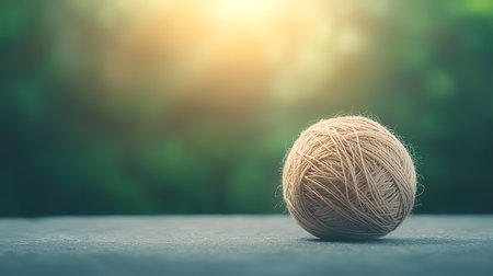 Yarn ball outdoors, nature background, sunlight. Craft supplies, hobby. AI Generatedの素材