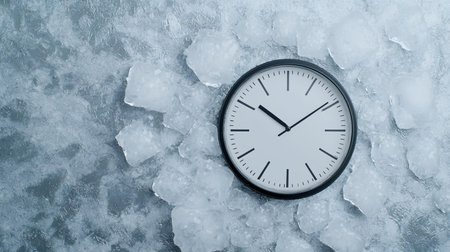 Frozen time clock on ice, cold winter background, concept of time passing slowly. AI Generatedの素材
