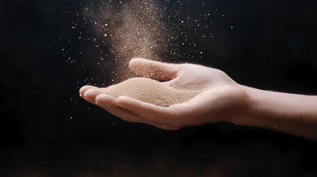 Hand holding sand, grains falling, dark background, time concept, website banner. AI Generatedの素材