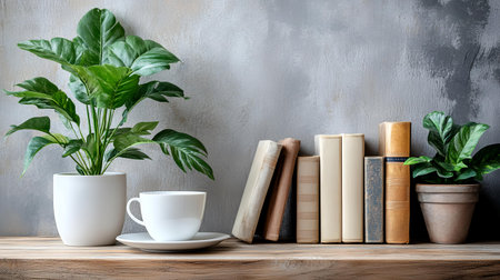 Cozy home office, books, plants, coffee, rustic wall. AI Generatedの素材