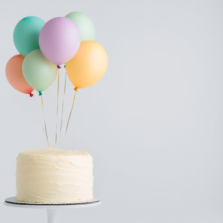 Pastel Balloons on Vanilla Cake, Celebration, Studio Shot, Minimalist Background, Birthday Party. AI Generatedの素材