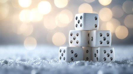 Dice stack on snow, bokeh background; chance, luck, gambling concept. AI Generatedの素材