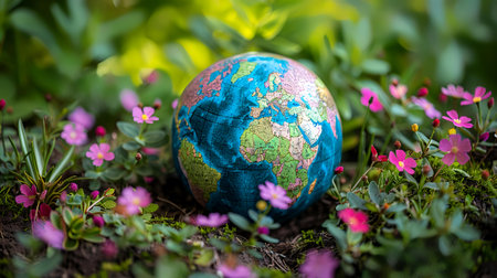 Earth globe in blooming garden; environmental concept. AI Generatedの素材