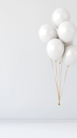 White balloons float in minimalist room; celebration backdrop. AI Generatedの素材