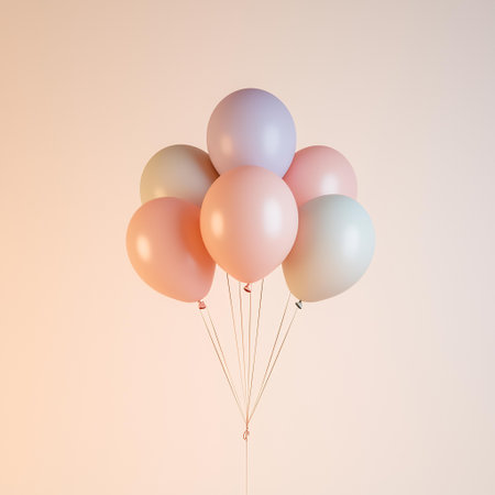 Pastel balloons float against a beige background; celebration, party, event. AI Generatedの素材