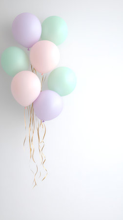 Pastel balloons float against a white wall; celebration, party, joy. AI Generatedの素材