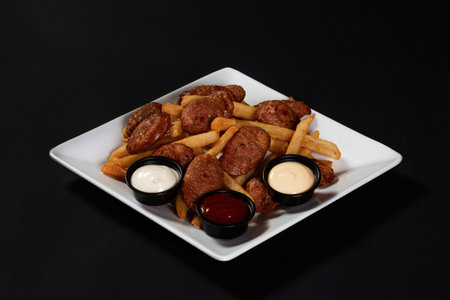 Sausage and potatoes with tomato, mayonnaise and corn sauces