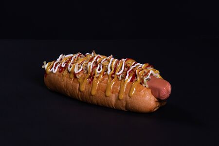 Delicious hotdog with tomato and mustard saucesの写真素材