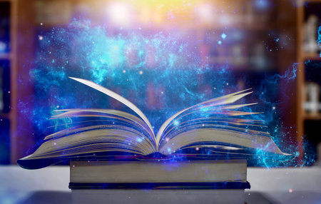 Imagine a picture book of an ancient book opened on a wooden table with a sparkling golden...