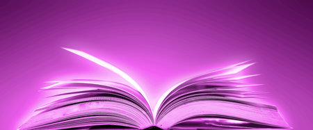 Book in library with old open textbook, stack piles of literature text archive on reading desk, and...