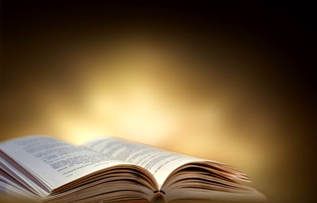 Book in library with old open textbook, stack piles of literature text archive on reading desk, and...