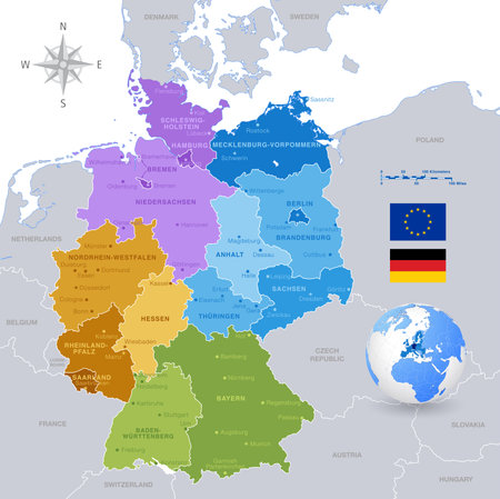 A High Detail vector Map of Germany States and major cities, with a 3D Globe centered on Germany and both Eu and Germany flags.のイラスト素材