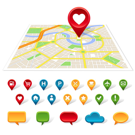 A generic map of a city is on a white background with colorful place icons and speech bubbles below it.のイラスト素材