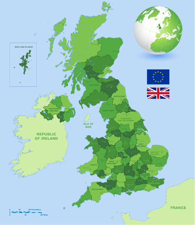 A High Detail vector Map of United Kingdom Regions, Administrative Regions and major cities and a vector globe with UK highlighted.のイラスト素材