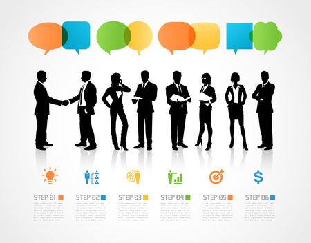 Hi quality Silhouettes of Businessmen and Businesswomen with infographic elements.のイラスト素材