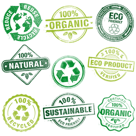 A comprehensive set of high detail Design grunge stamps ecology related, suitable for paper or web publishing.のイラスト素材