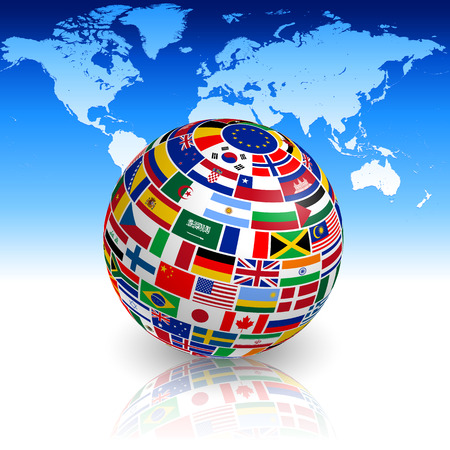 A 3d globe with shadows and reflection in front of a world map.のイラスト素材