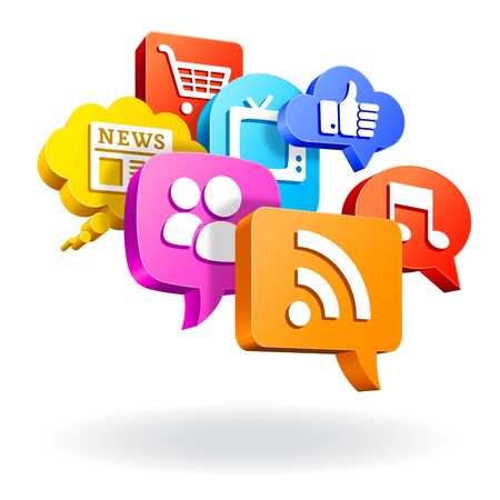 a composition of colorful 3D vector Speech Bubbles with Internet related icons.のイラスト素材