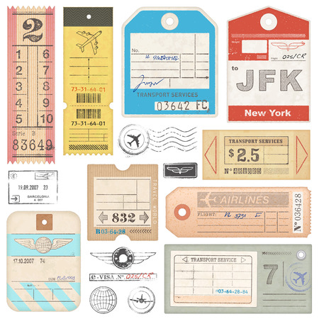 A set of high detail grunge Passport Tags, Tickets and stamps.の写真素材