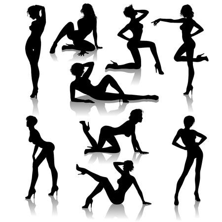 A set of 9 sexy girl vector silhouettes illustrationsのイラスト素材