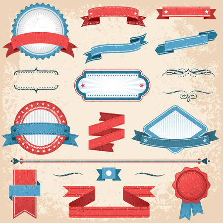 A set of several vintage grunge label set, including labels, placards, ribbons and ornaments.のイラスト素材