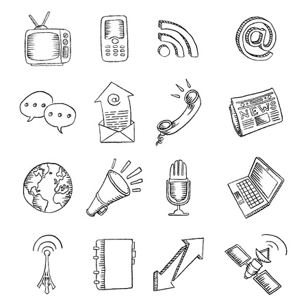 A set of 16 pencil drawn communications icons, from the more traditional communication themes to the latest technologies.のイラスト素材