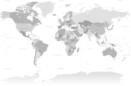 A High Detail vector Map set composed by a full map of the world in grey colors. All countries are named with the respective english name with country capitals, major cities, lakes and seas.