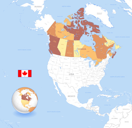 A High Detail vector Map of Canada, with capitals and major cities, a 3D globe centered on North America with canada Highlighted, and Canada flag. 
Also all seas and major lakes are named.のイラスト素材