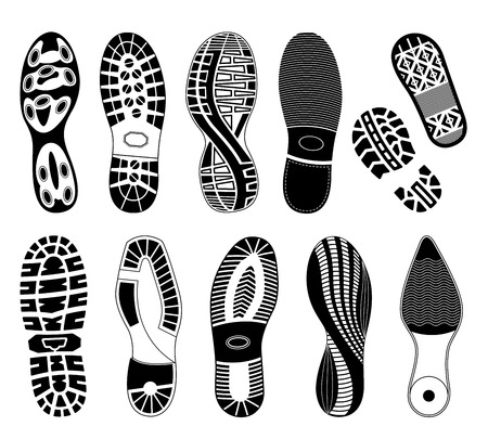 A collection of various highly detailed shoe tracks. Elegant, sporty formal and mountain boots are included.のイラスト素材
