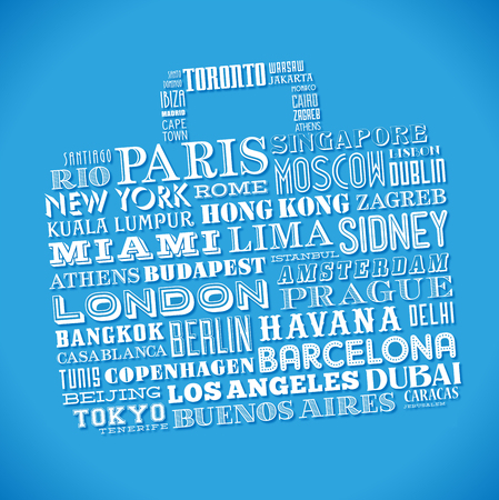 Vector design of a grunge travel bag composed of famous city names from all over the worldのイラスト素材