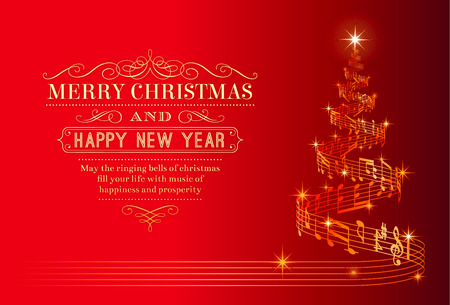 A nice Christmas Greeting Card with a Christmas tree composed by a flowing music pentagramのイラスト素材
